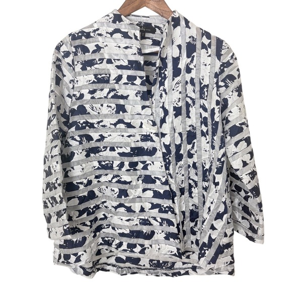 Yushi Tops - Yushi Wrap Blouse Womens Small Navy Blue White Semi Sheer Stripe Art To Wear